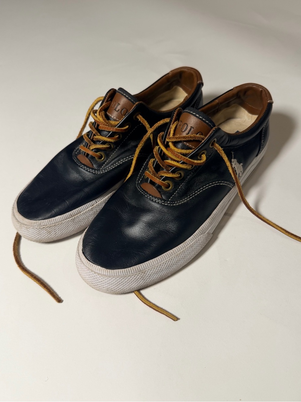 Polo Ralph Lauren Vaughn Navy Leather Sneakers Brown Laces Size 7D